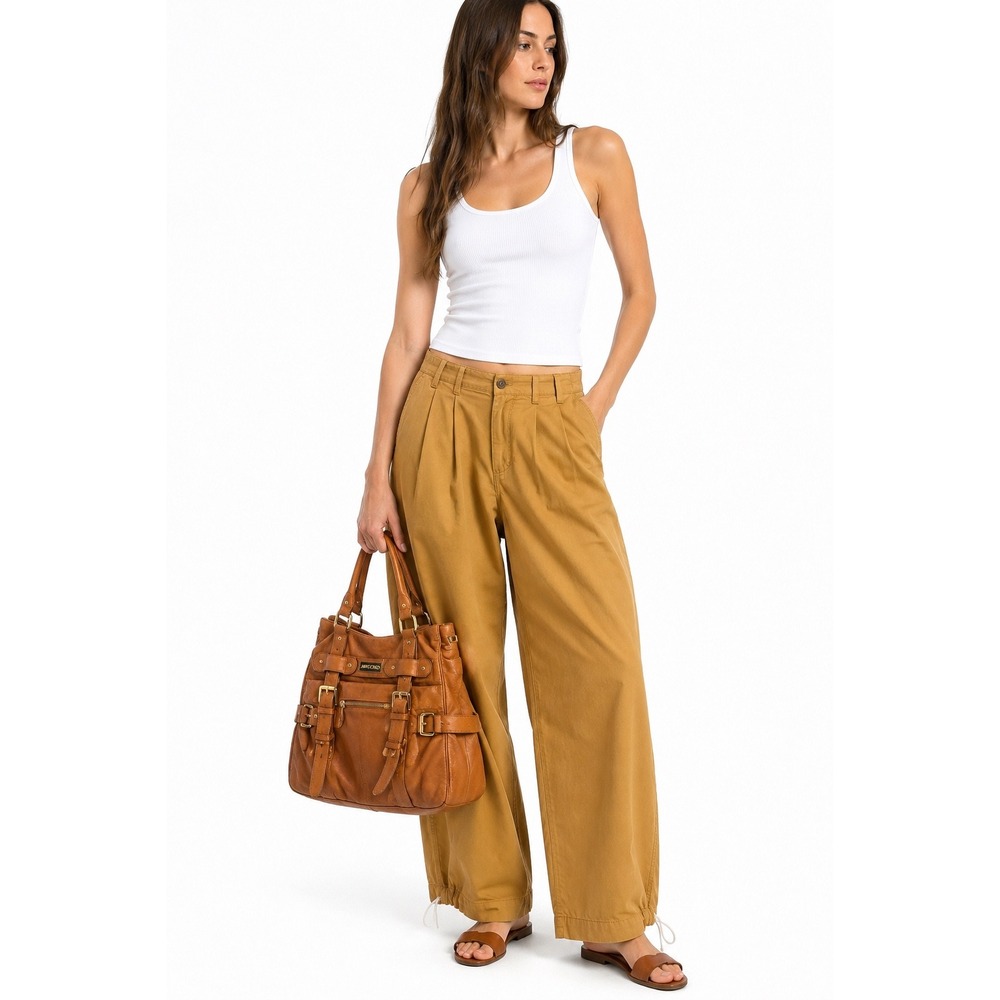 Madewell High Rise Wide Leg Pleated ECOVERO TENCEL Lyocell Pants Camel Sz 2